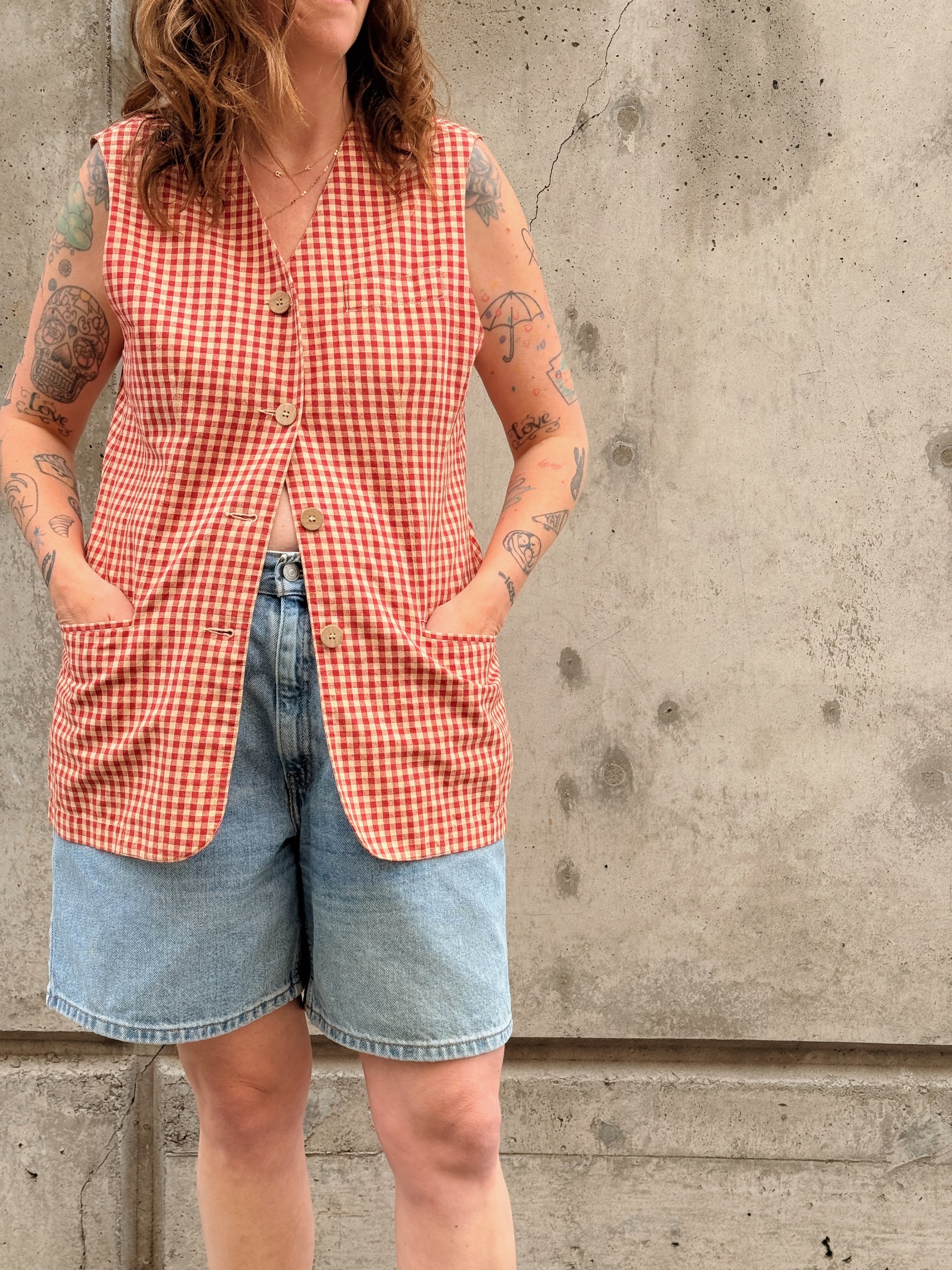 Gingham Linen Longline Vest