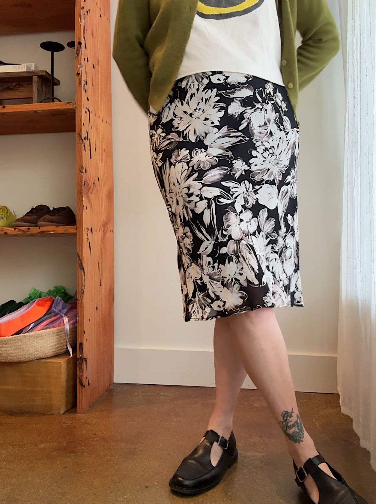 Black & White Floral Midi Skirt