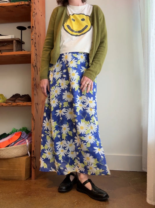 90s blue daisy rayon maxi skirt
