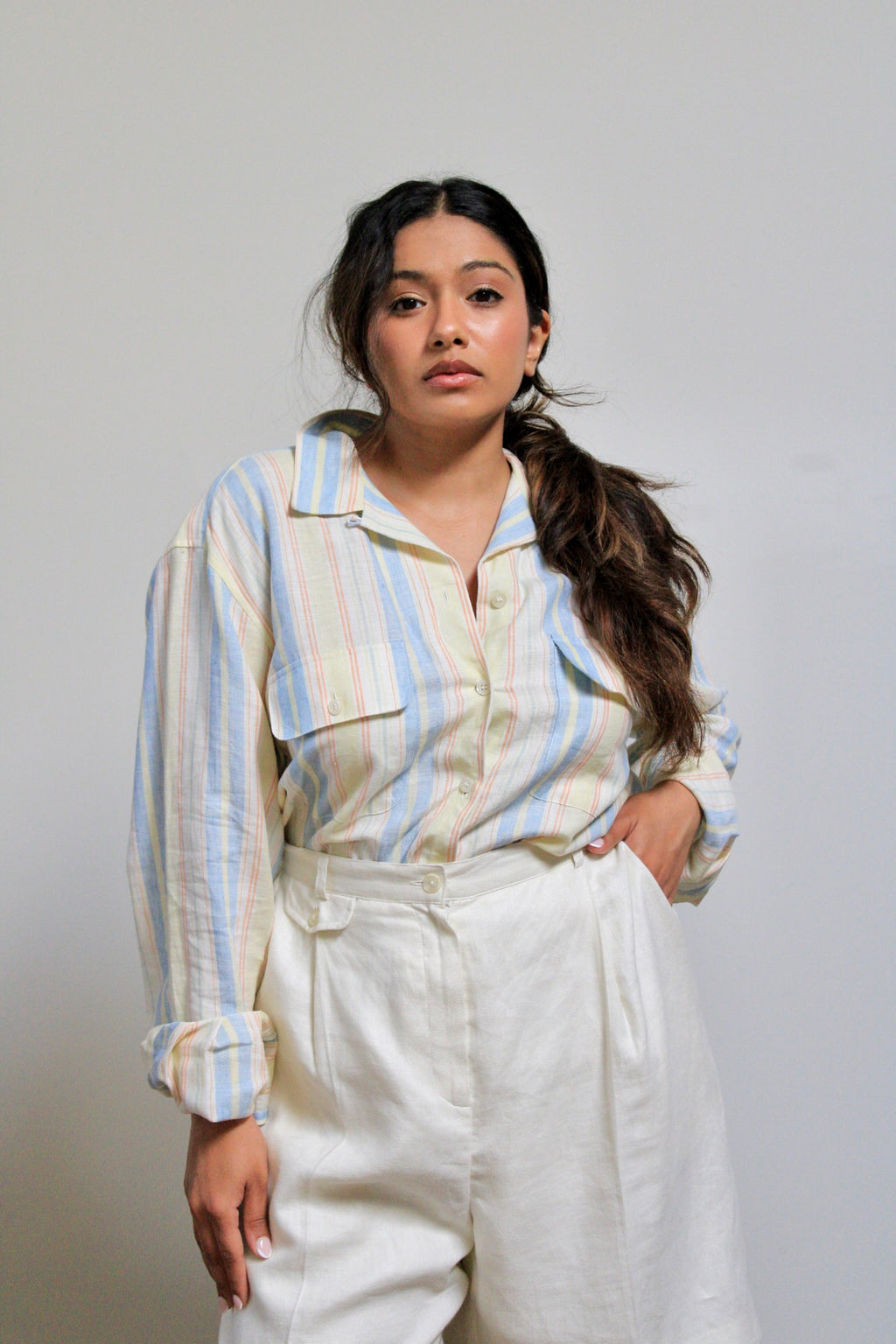 Pastel Striped Linen Button Down Shirt