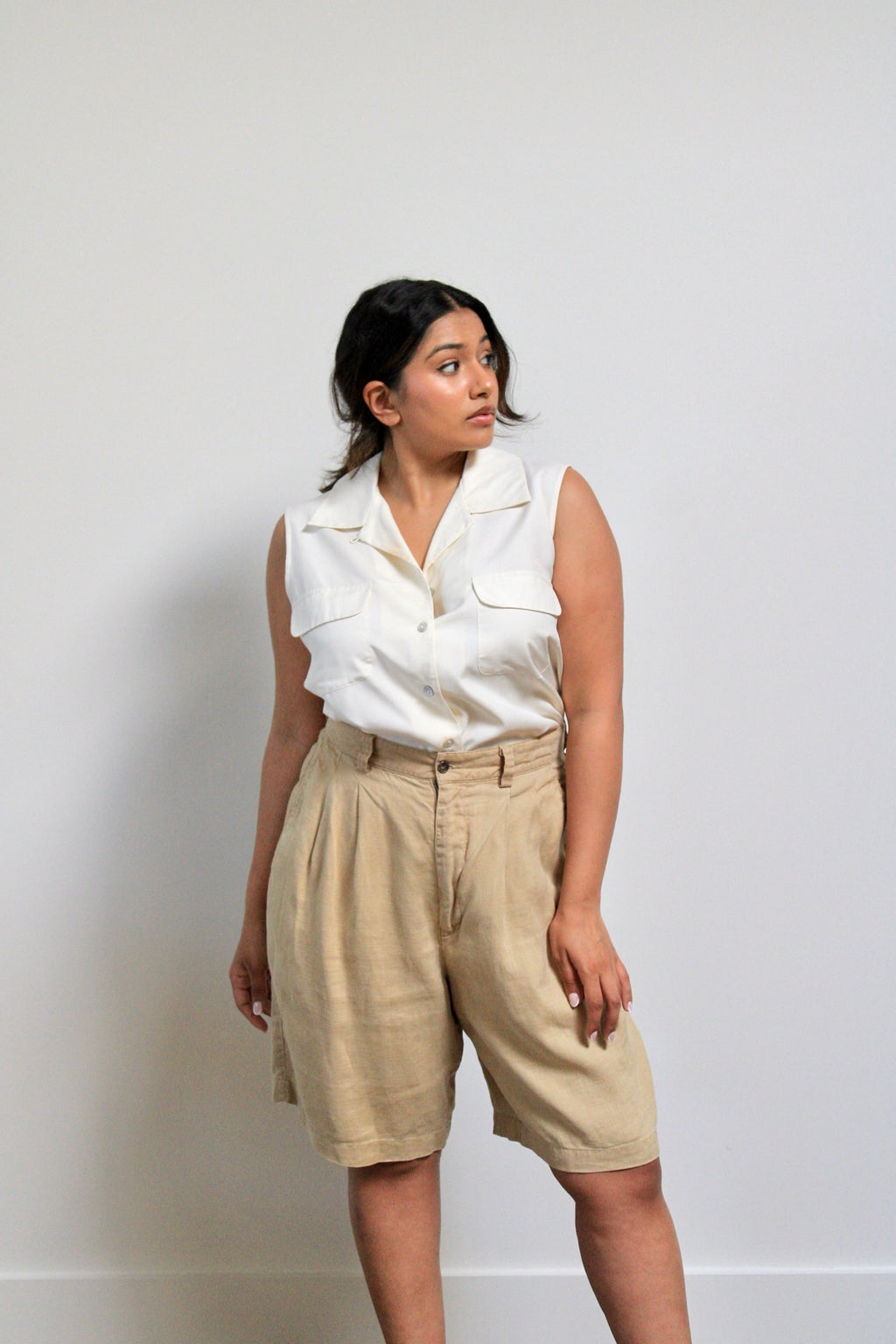 Khaki Linen Pleated Trouser Shorts