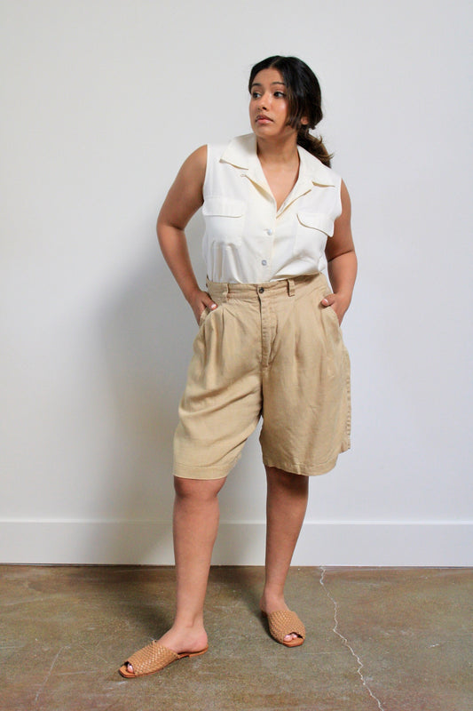 Khaki Linen Pleated Trouser Shorts