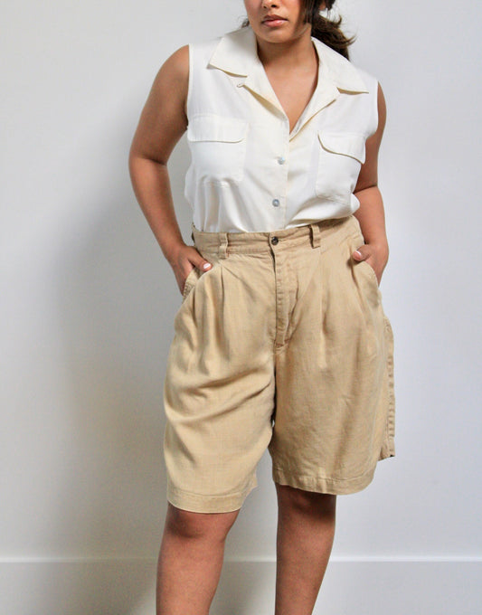 Khaki Linen Pleated Trouser Shorts