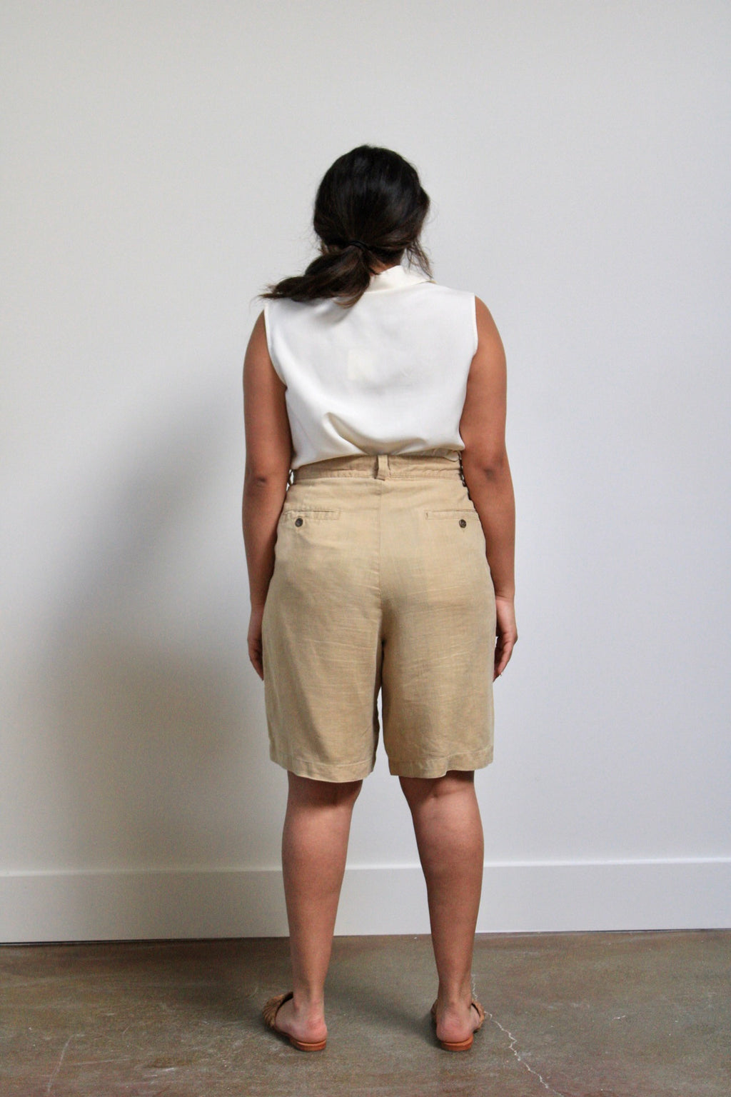 Khaki Linen Pleated Trouser Shorts