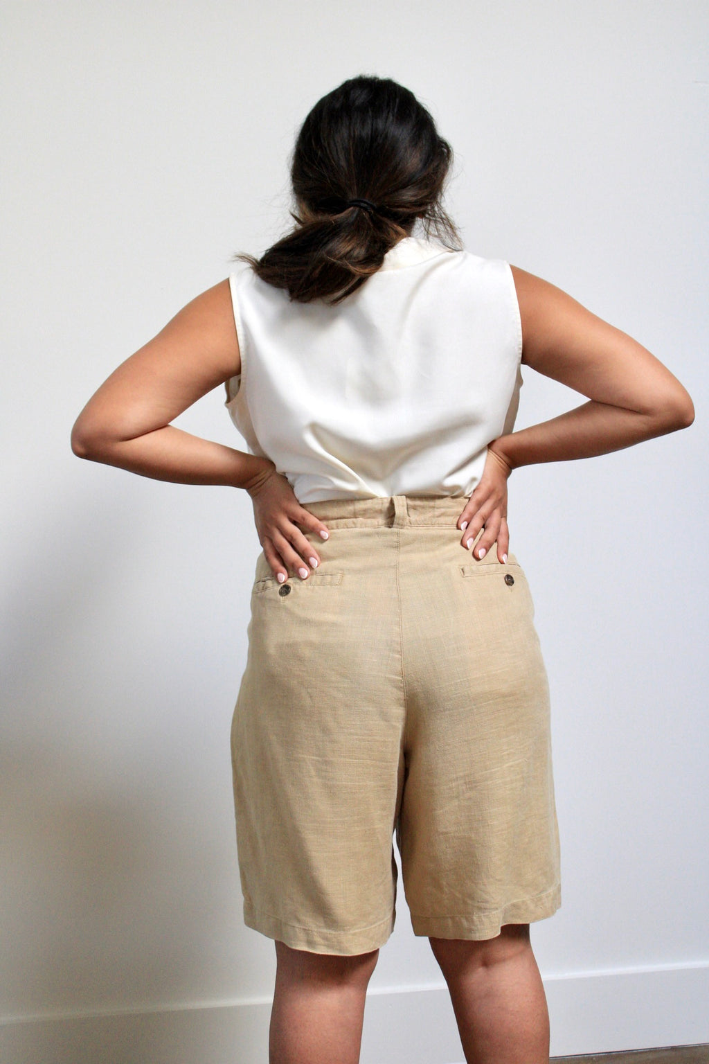 Khaki Linen Pleated Trouser Shorts