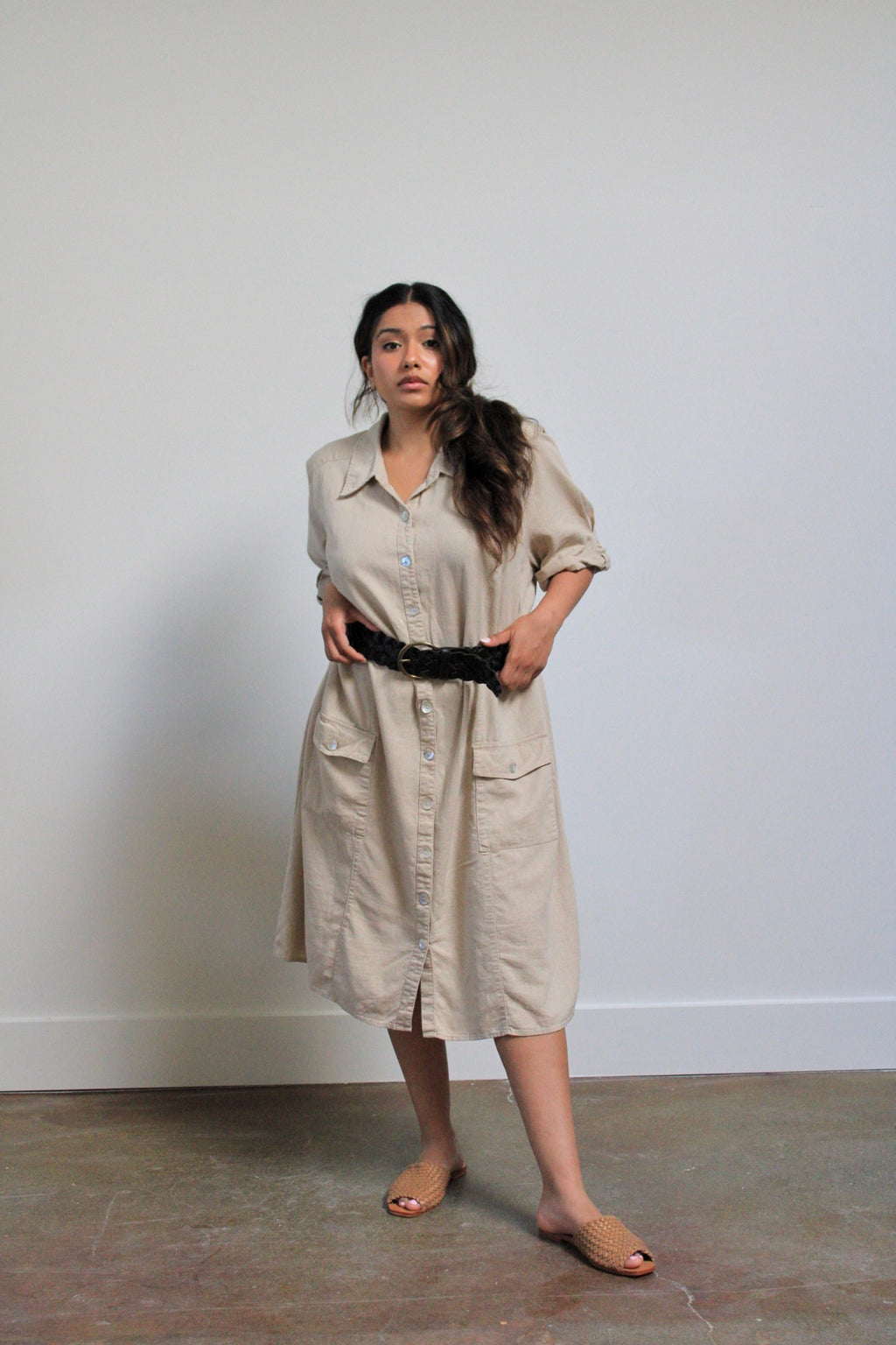 Tan Linen Blend Shirt Dress
