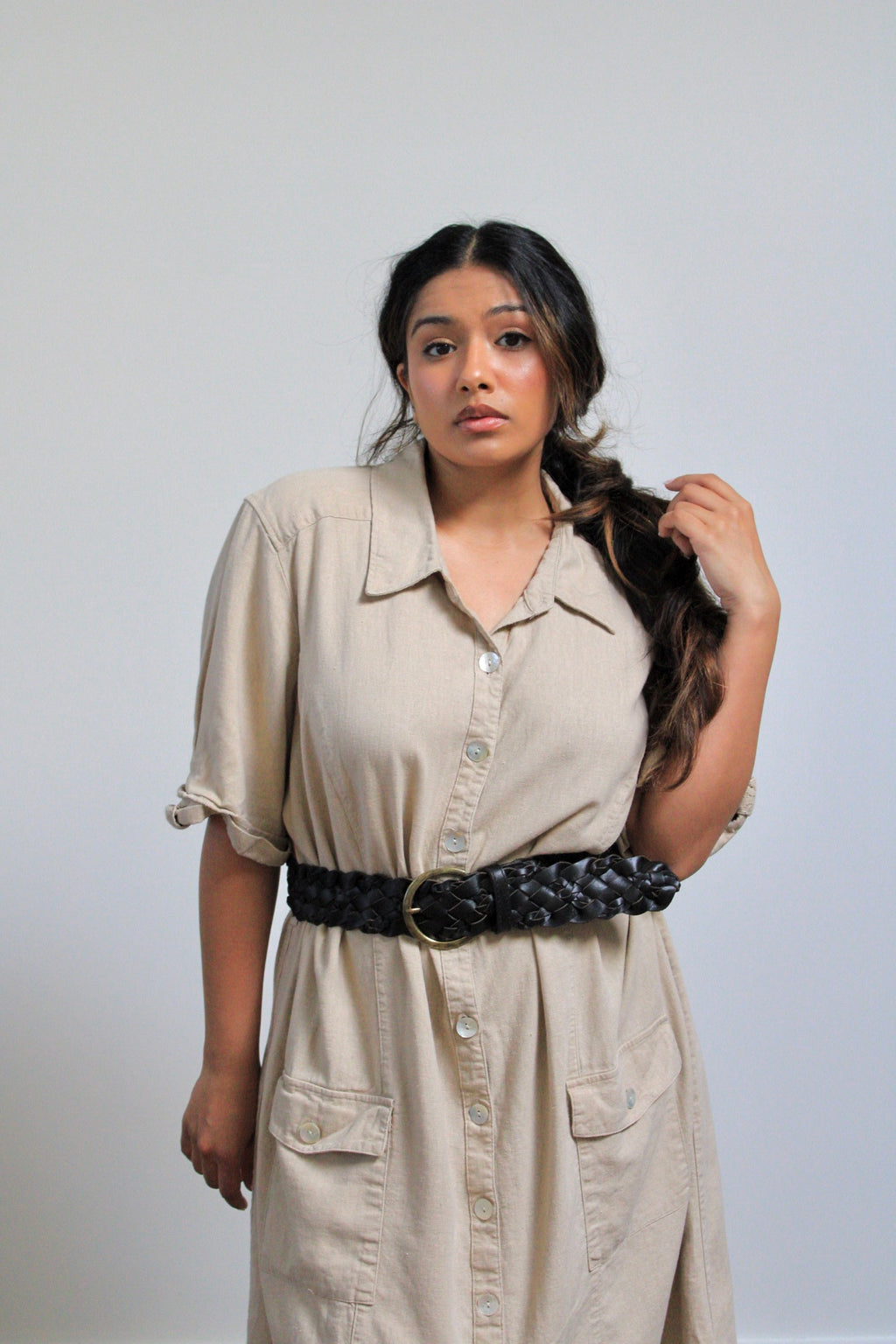 Tan Linen Blend Shirt Dress