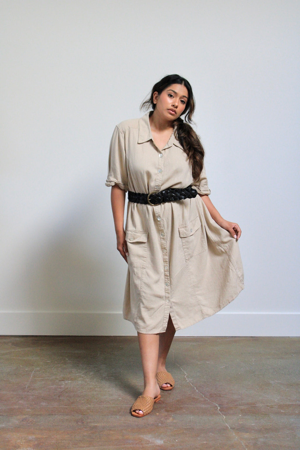 Tan Linen Blend Shirt Dress
