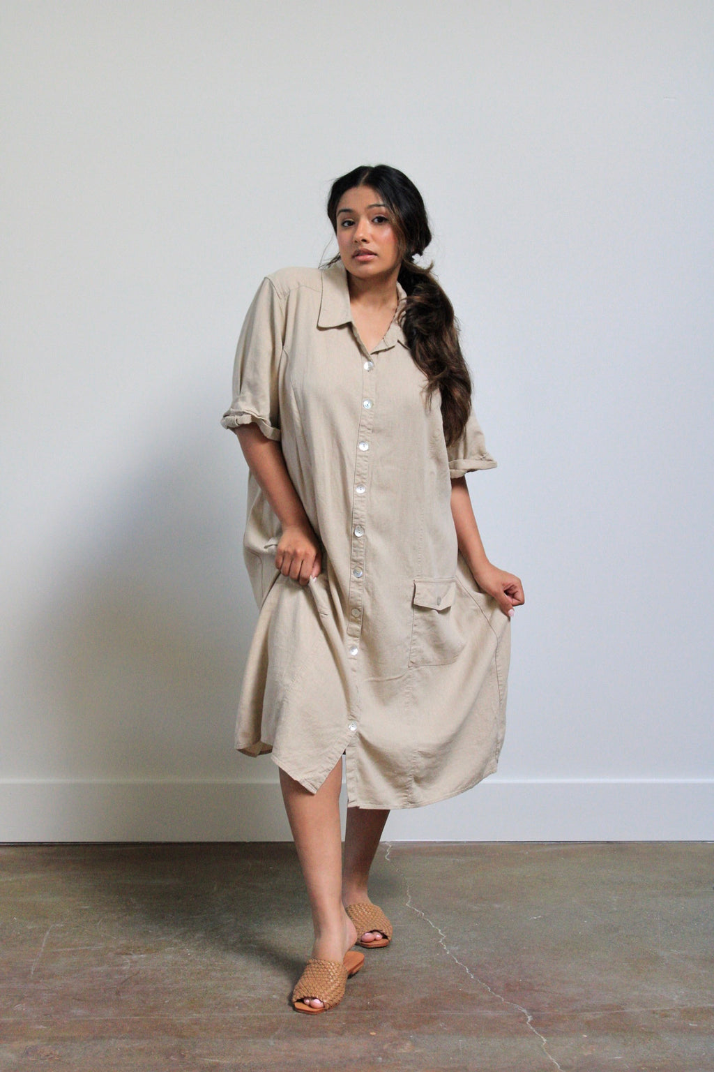 Tan Linen Blend Shirt Dress