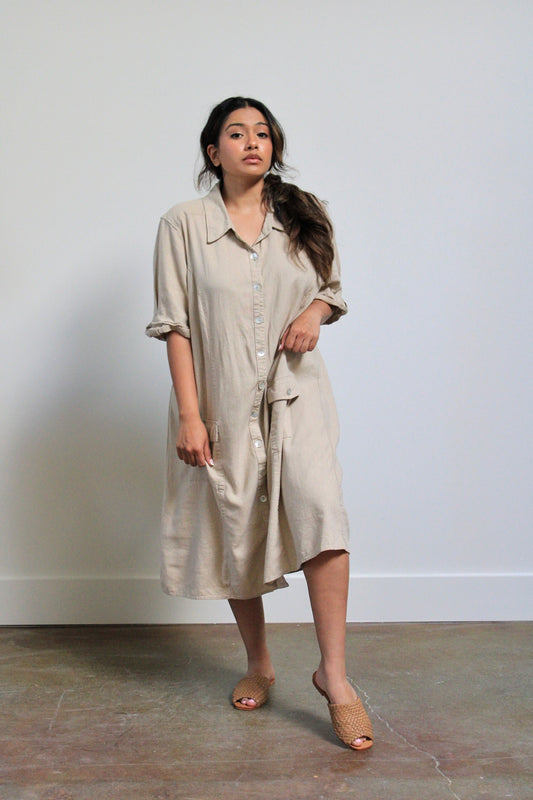 Tan Linen Blend Shirt Dress