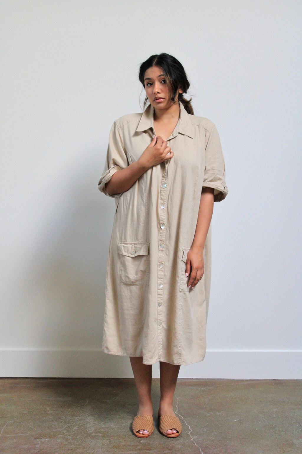 Tan Linen Blend Shirt Dress