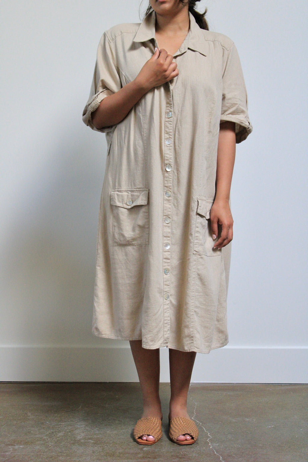 Tan Linen Blend Shirt Dress