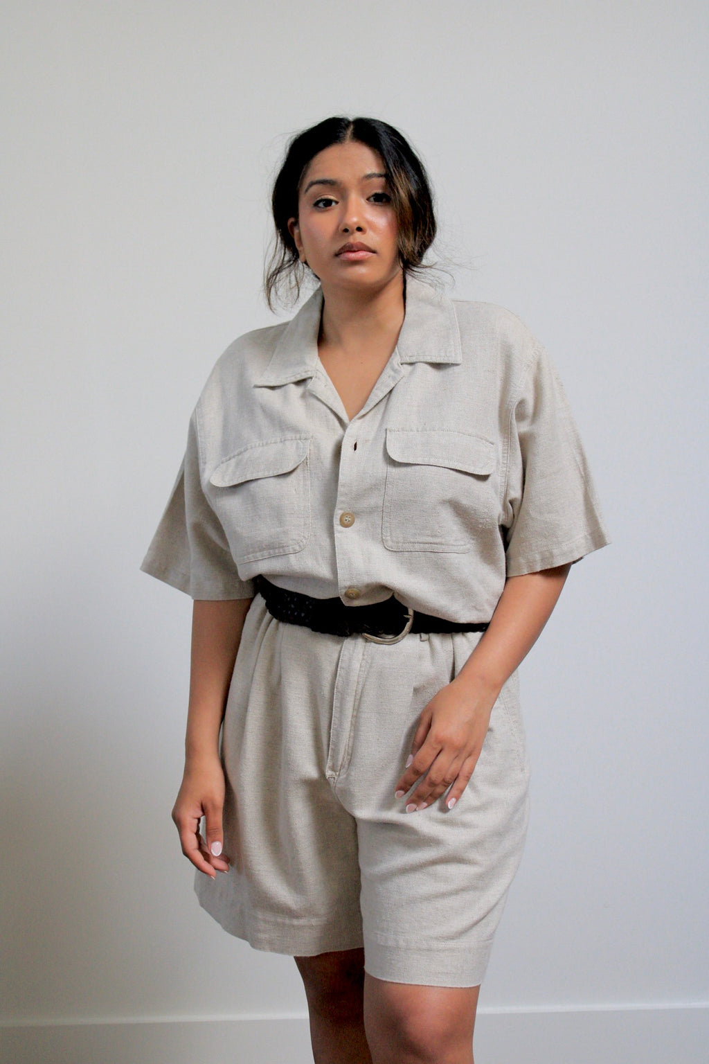 Tan Linen Blend Jumpsuit