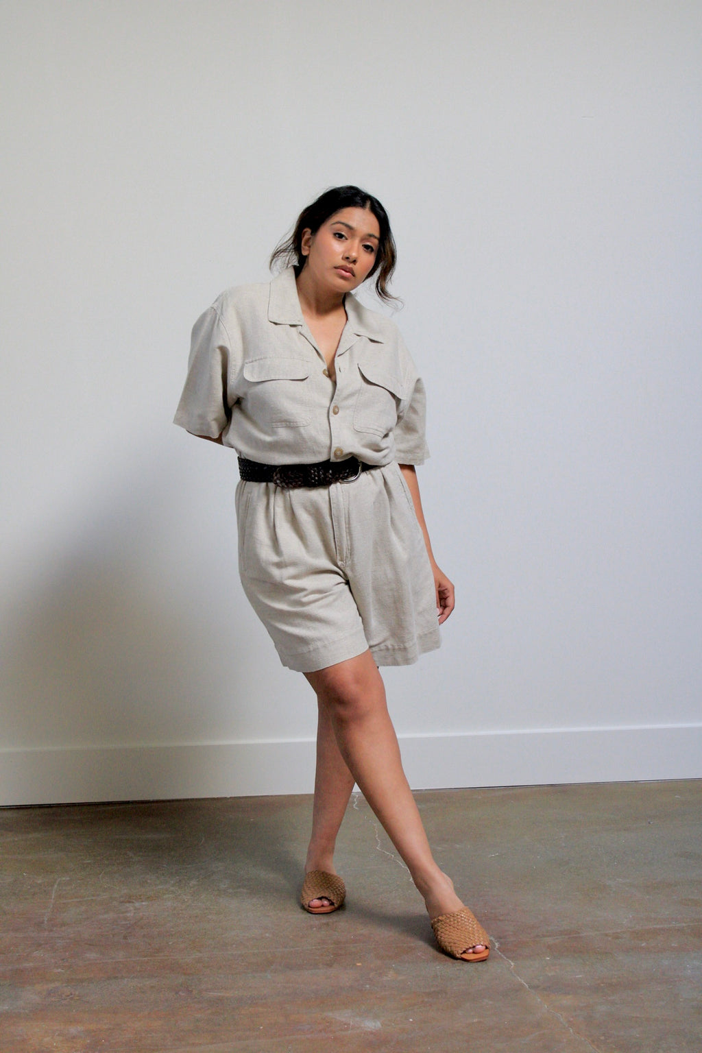 Tan Linen Blend Jumpsuit