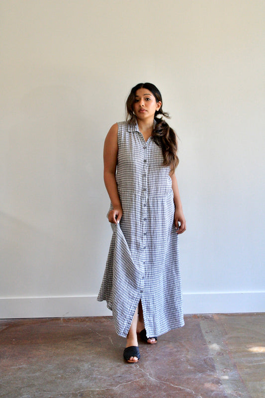 Check Collared Button Front Flax Maxi Dress