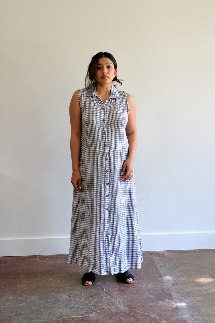 Check Collared Button Front Flax Maxi Dress
