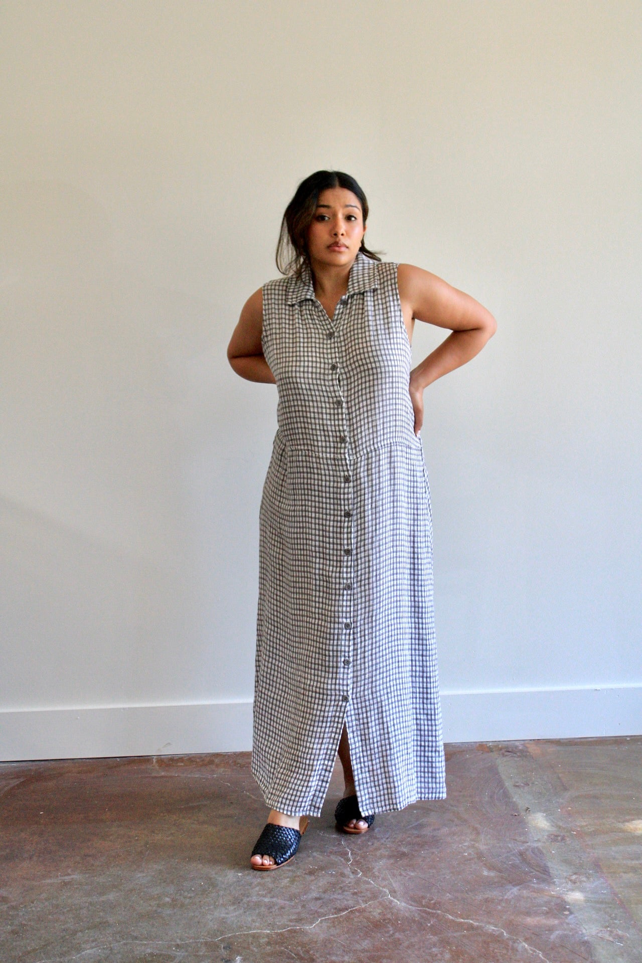 Check Collared Button Front Flax Maxi Dress