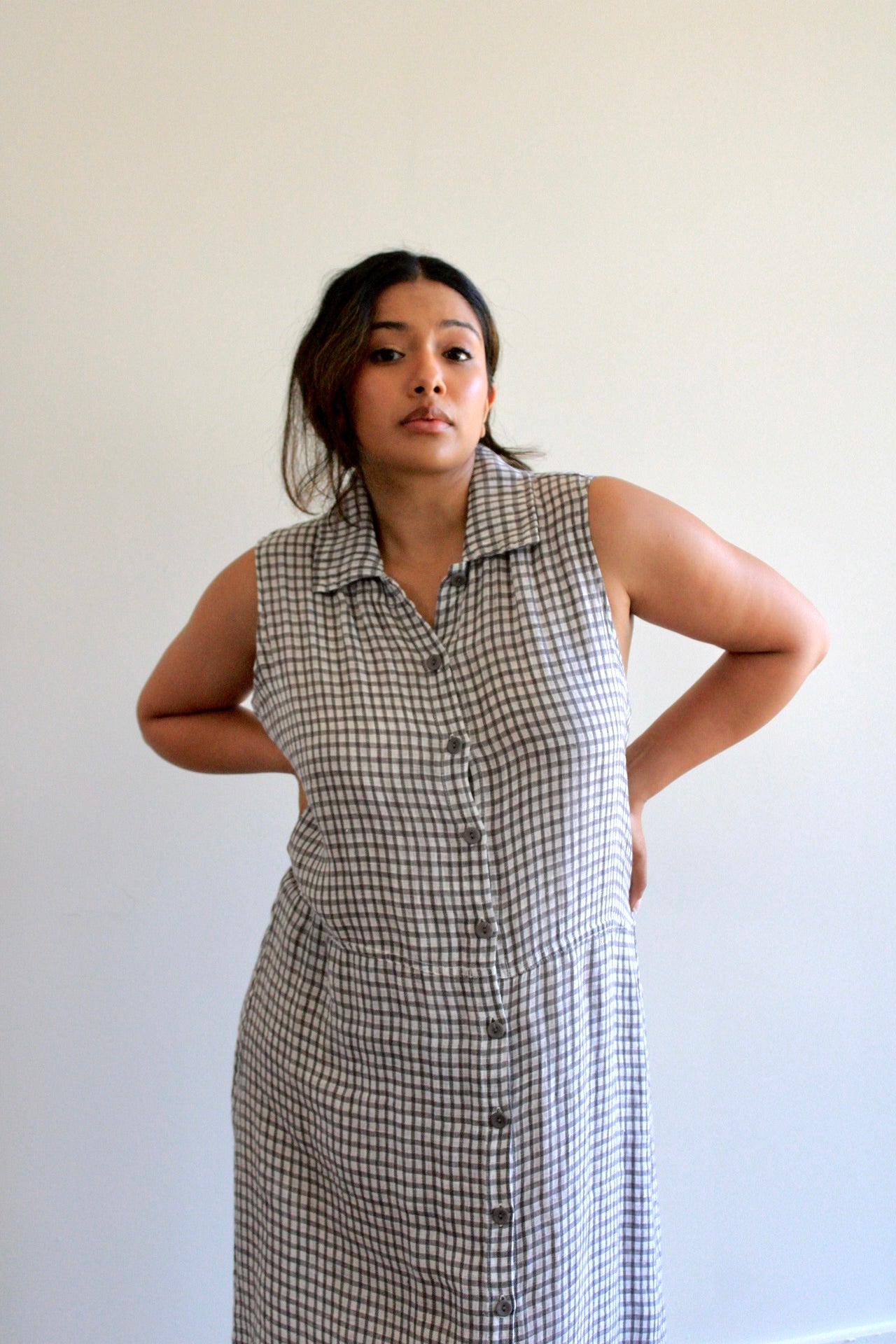 Check Collared Button Front Flax Maxi Dress