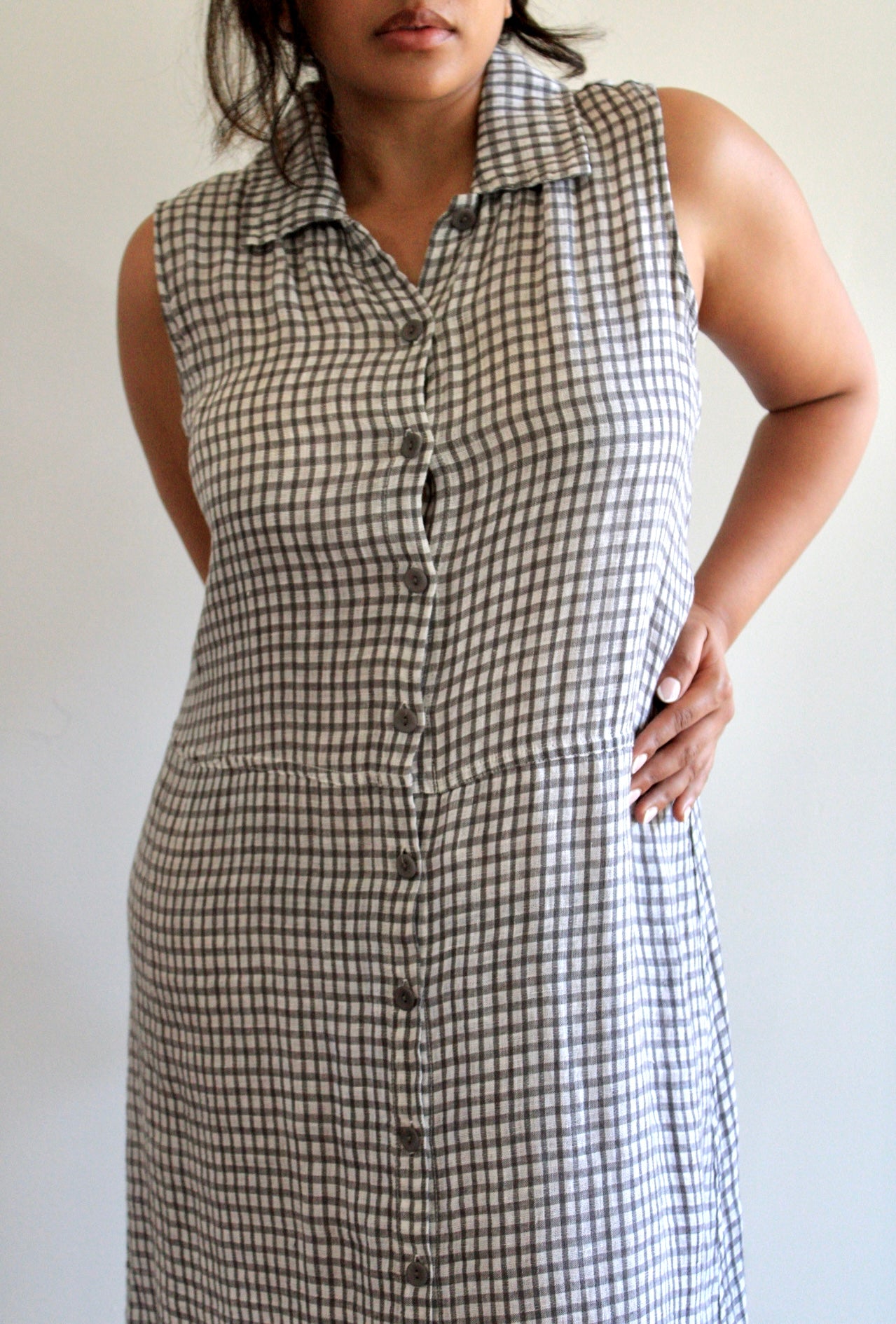 Check Collared Button Front Flax Maxi Dress