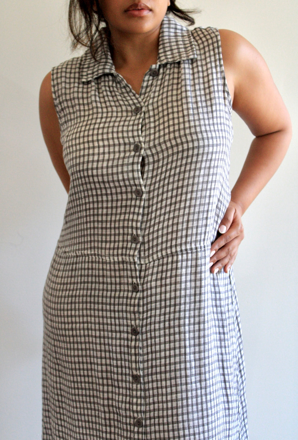 Check Collared Button Front Flax Maxi Dress