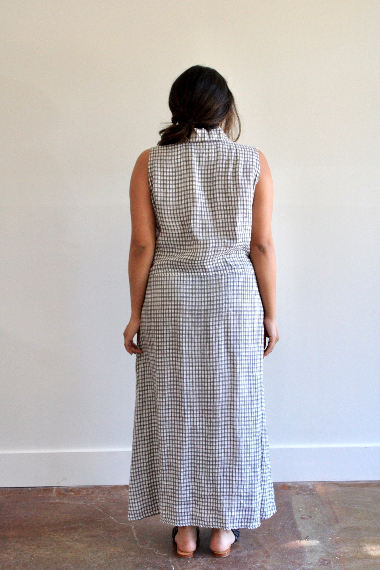 Check Collared Button Front Flax Maxi Dress