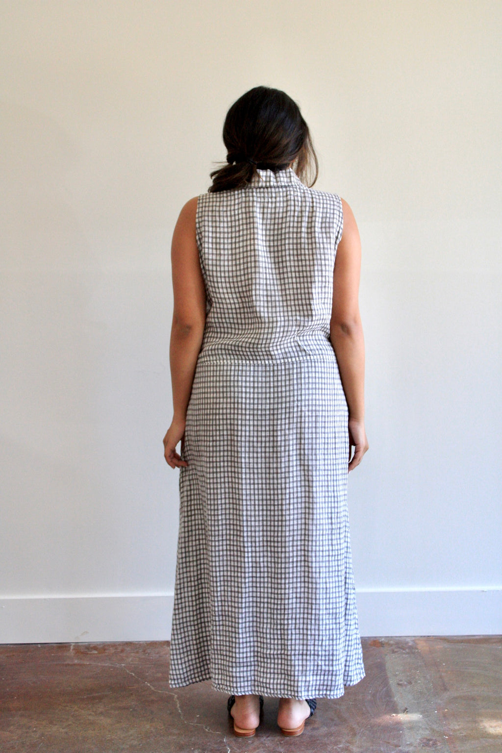 Check Collared Button Front Flax Maxi Dress