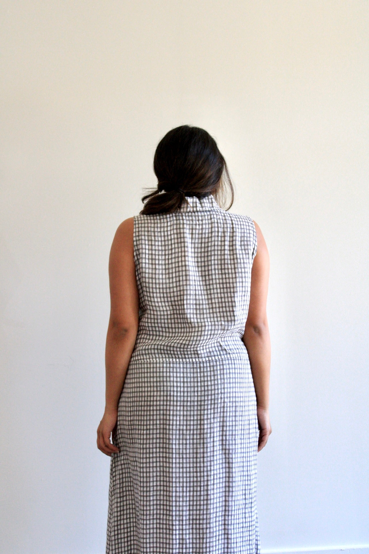 Check Collared Button Front Flax Maxi Dress