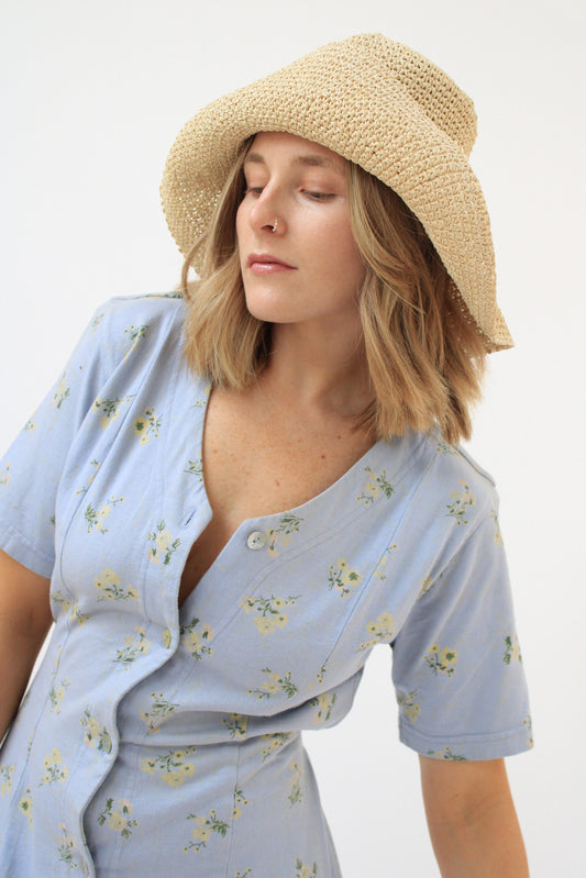 Shell Band Woven Straw Wide Brim Bucket Hat