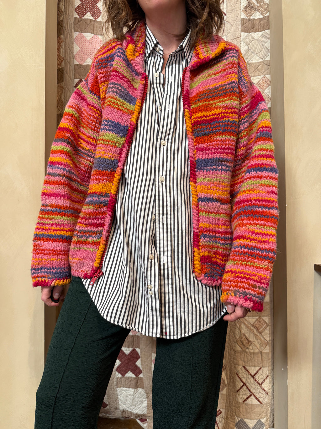 Striped Wool Zip Cardigan