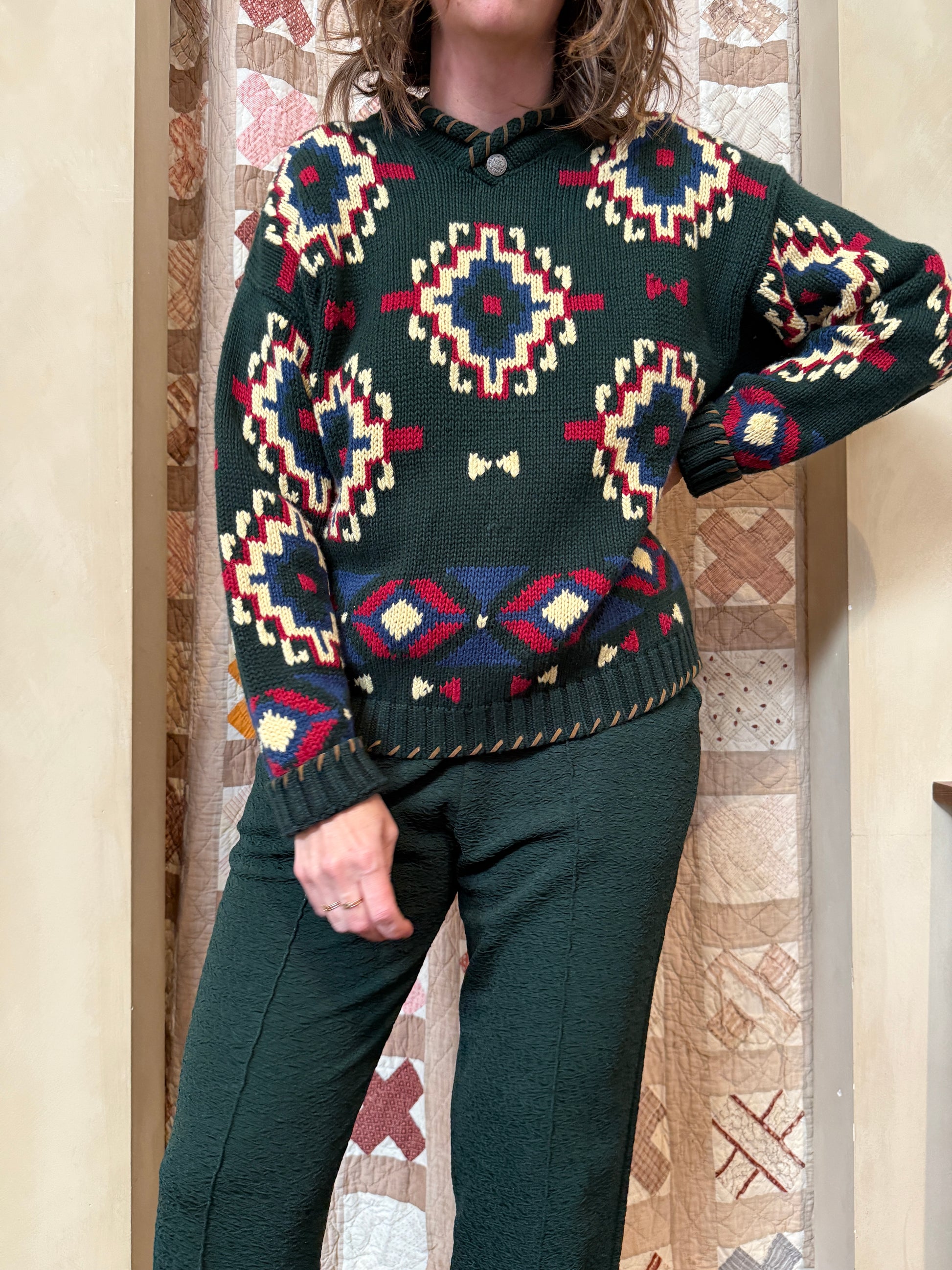 Green Pattern Cotton Knit Sweater