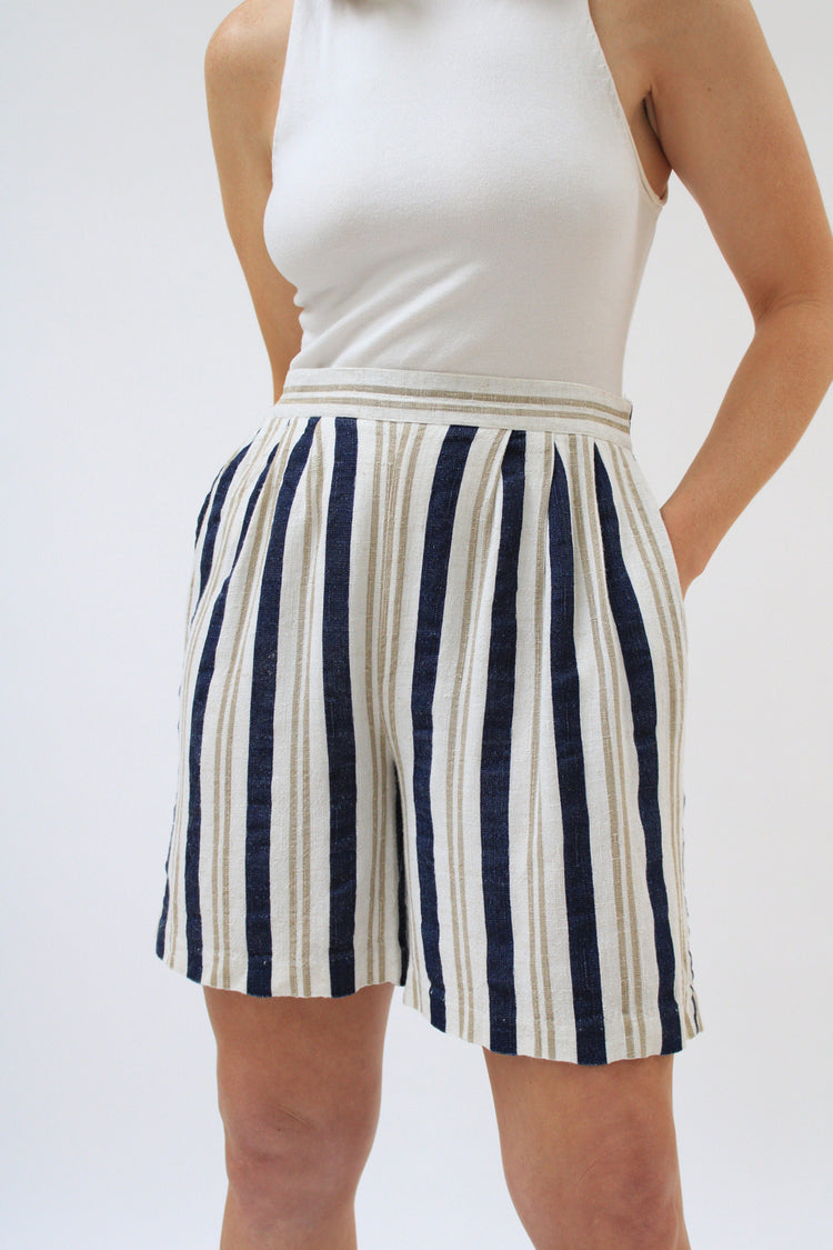Striped Flax/Rayon Blend Casual Shorts