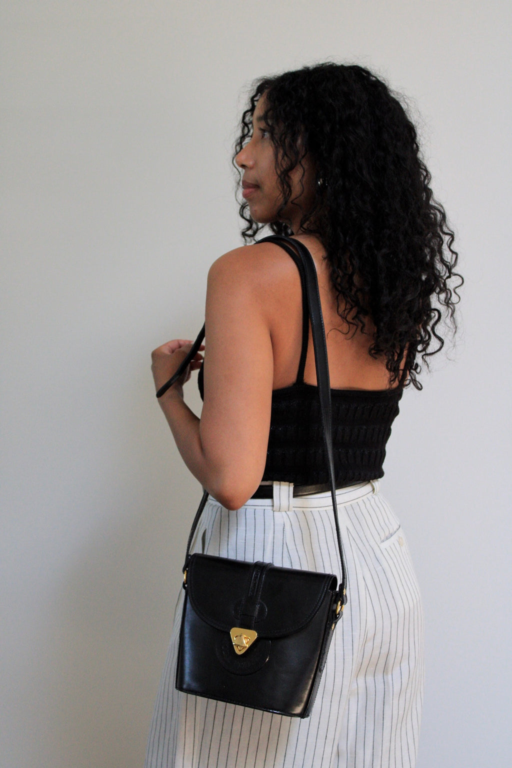 Black Leather Bucket Crossbody Bag