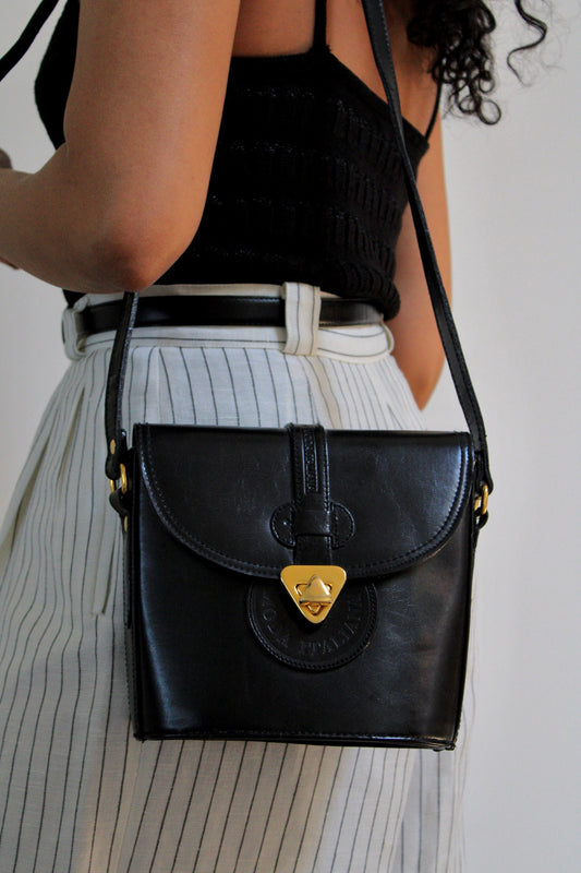 Black Leather Bucket Crossbody Bag