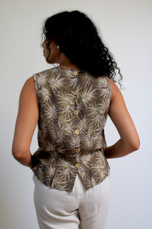 Linen Button Back Palm Tank