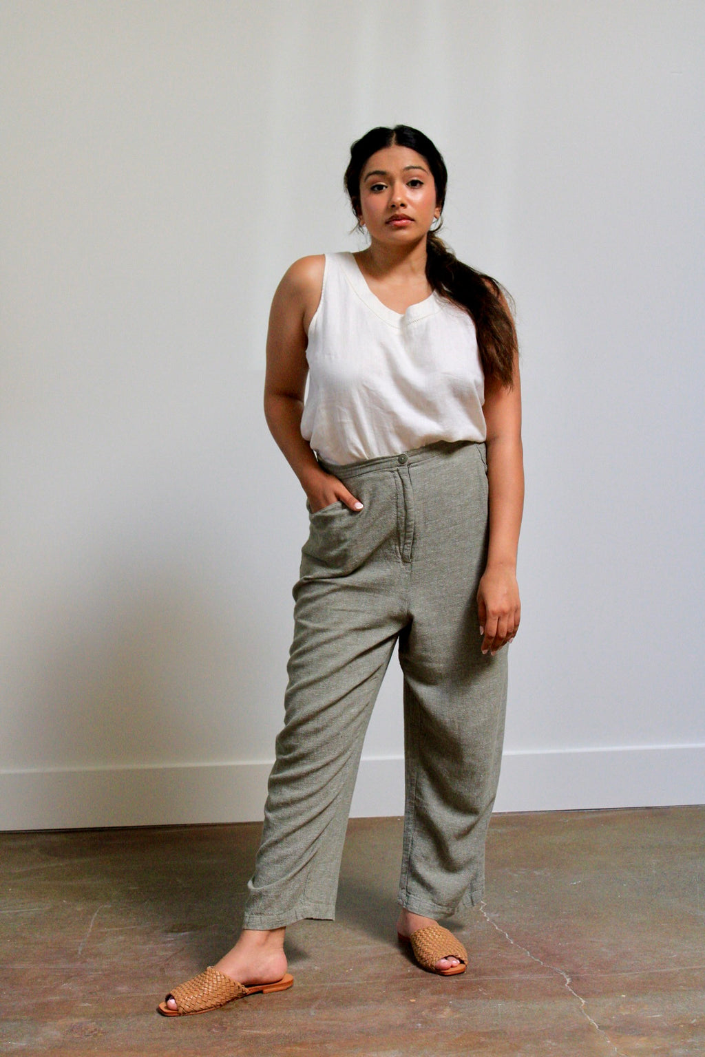 Sage Woven Linen Blend Relaxed Pants
