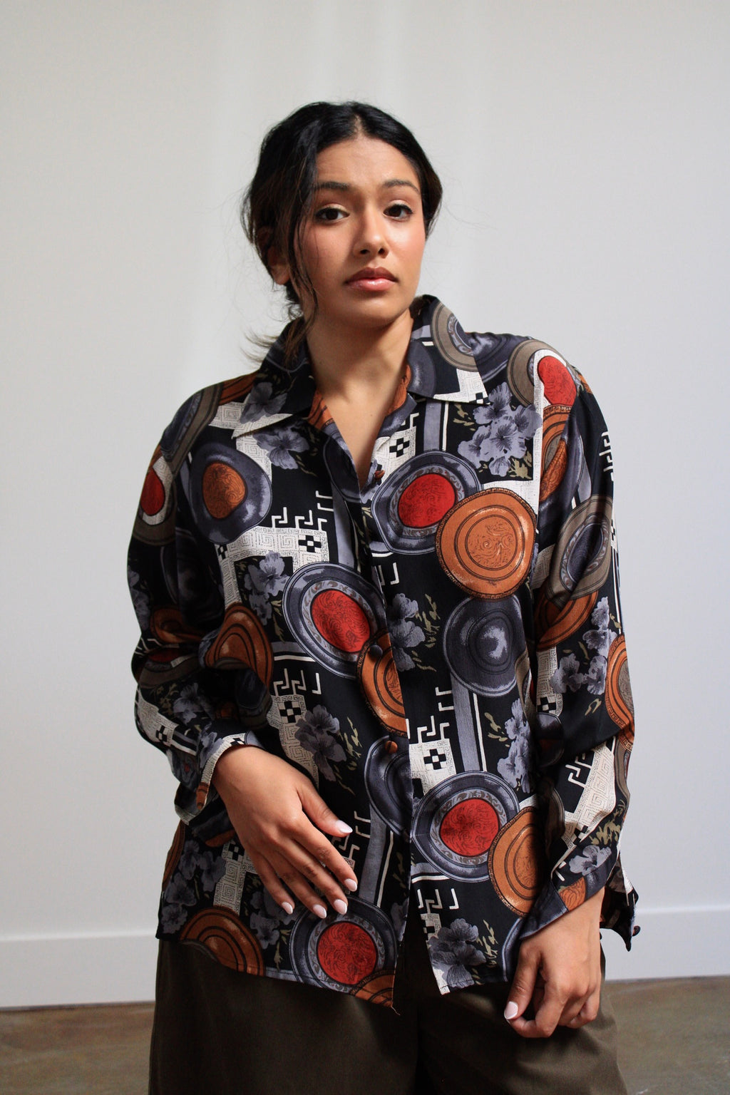 Moody Print Silk Button Down Blouse