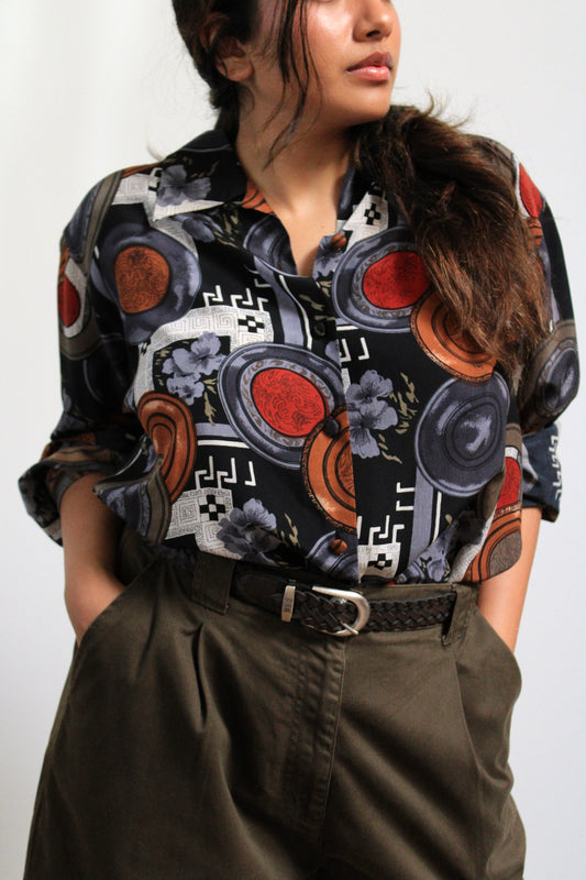 Moody Print Silk Button Down Blouse