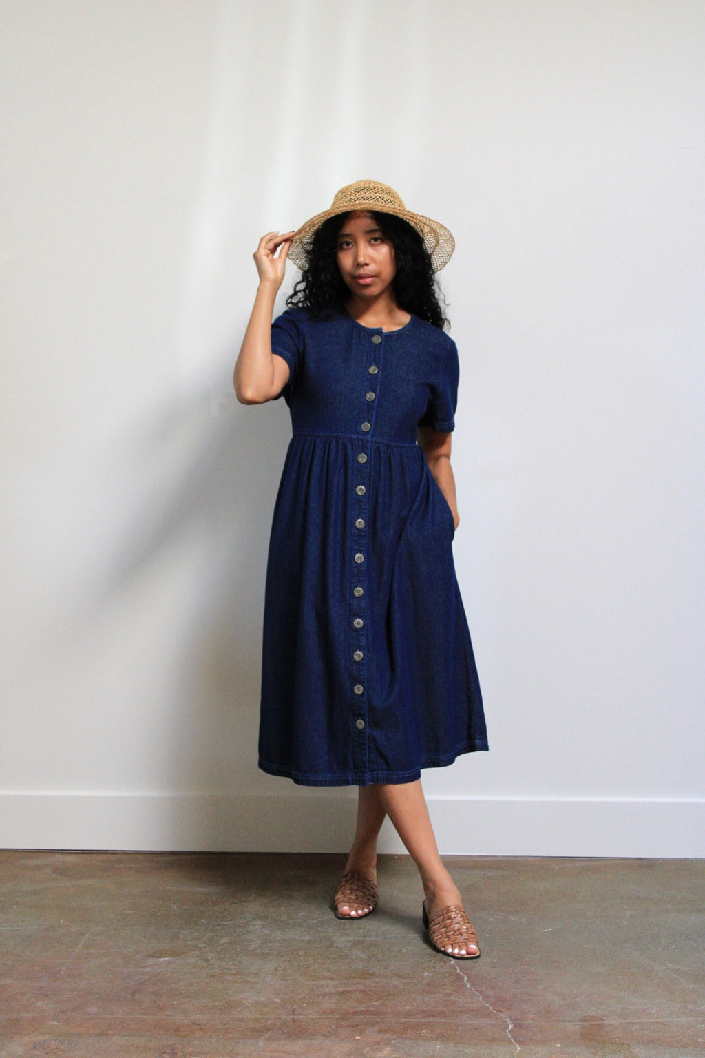 Dark Wash Button Front Babydoll Dress