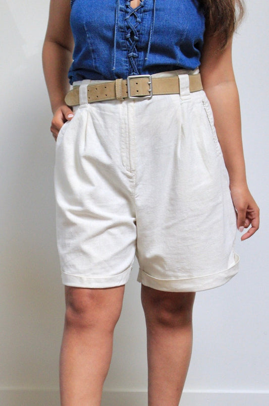 Bone Linen Blend Pleated Trouser Shorts