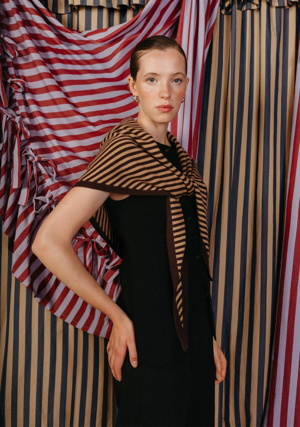 Large Merino Wool Triangle Scarf in Camel & Brown Stripe