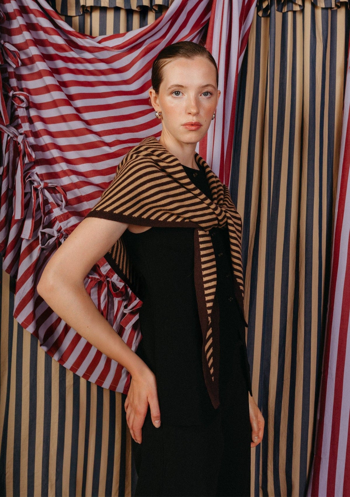 Large Merino Wool Triangle Scarf in Camel & Brown Stripe
