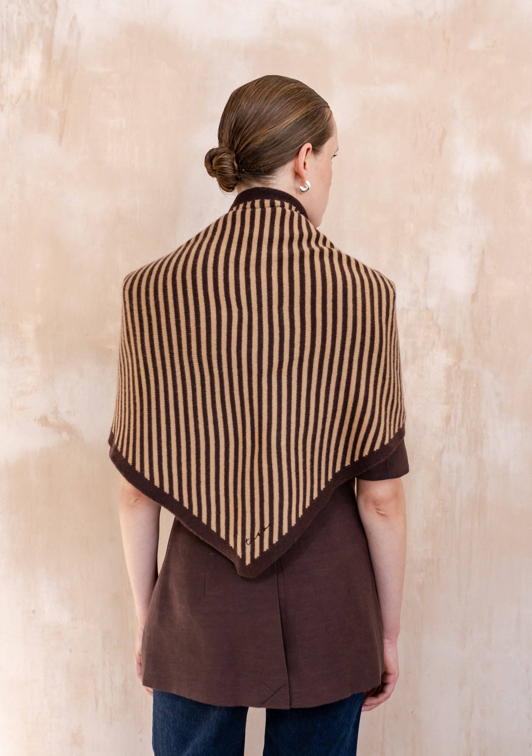 Large Merino Wool Triangle Scarf in Camel & Brown Stripe