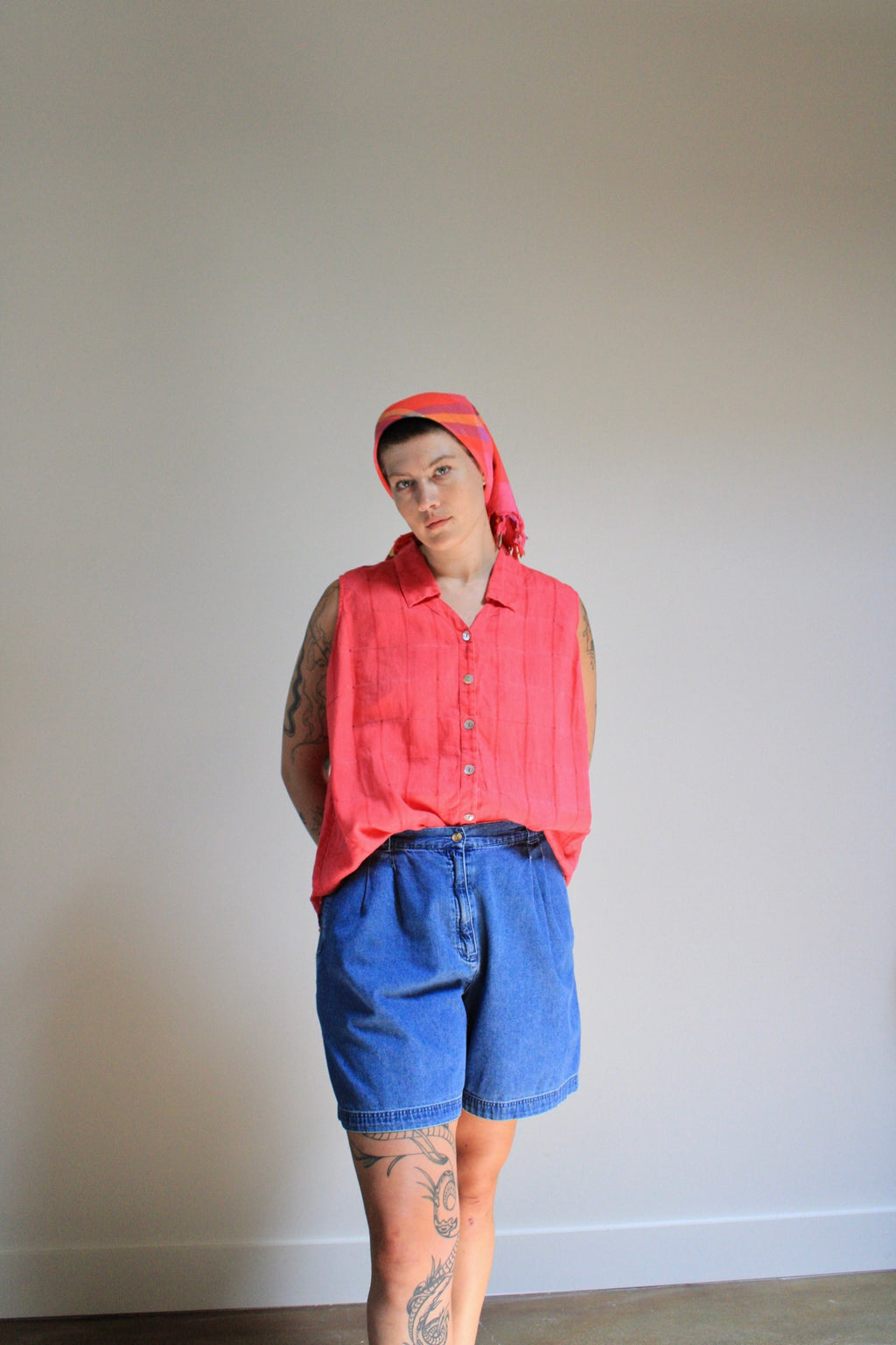 High Rise Pleated Denim Shorts