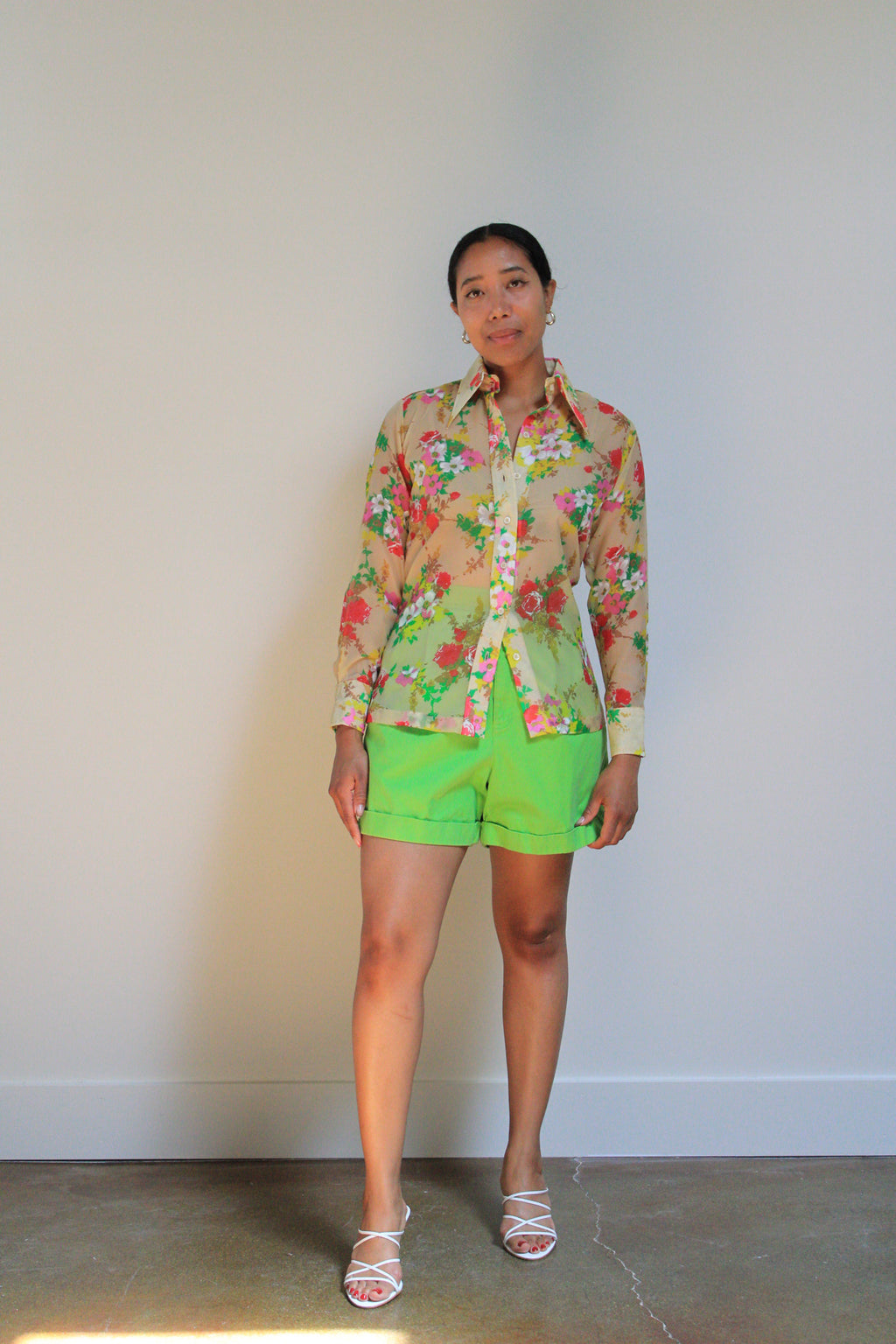 Lime Cotton High Rise Pleated Denim Shorts