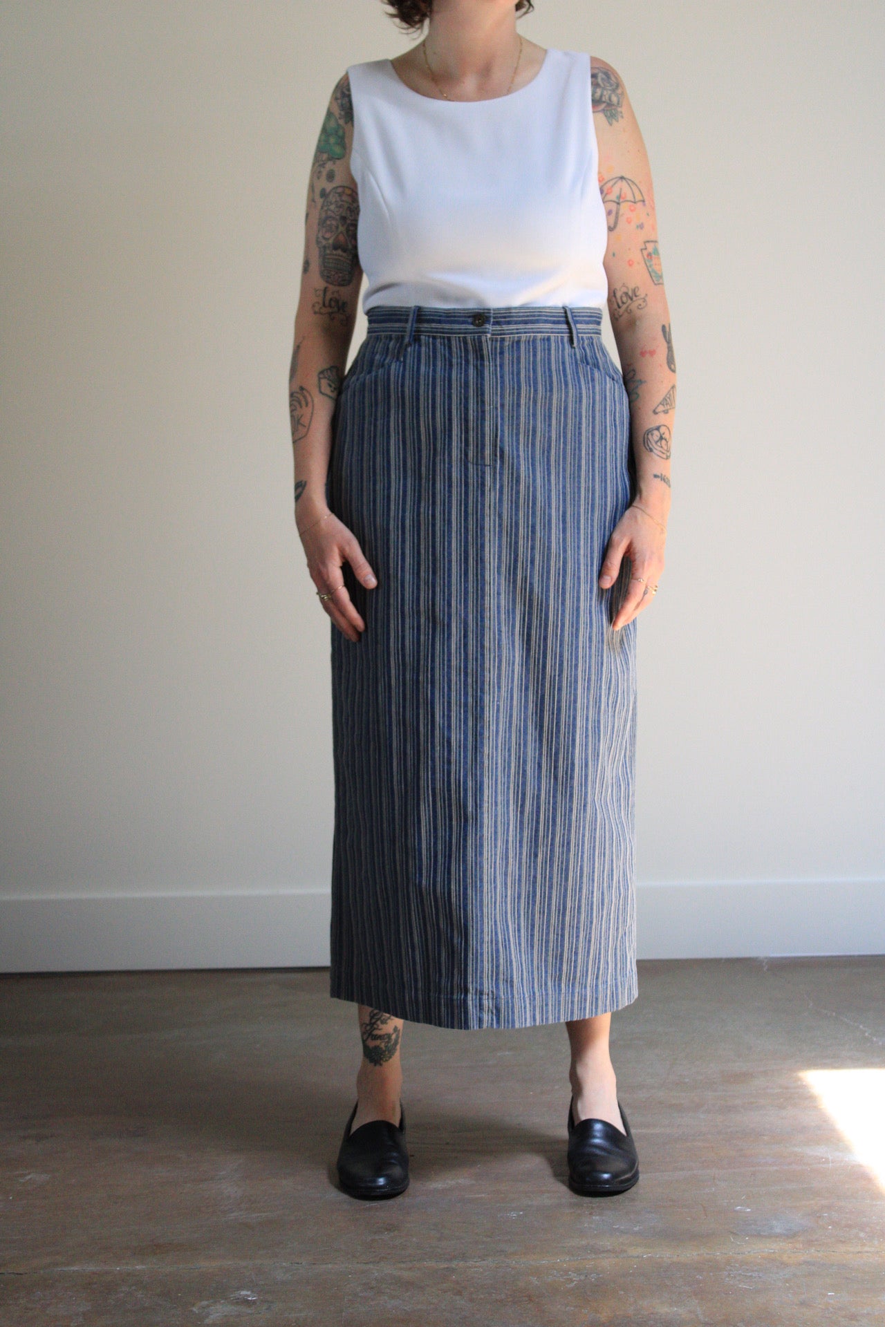 Embroidered Pinstripe Denim Midi Skirt