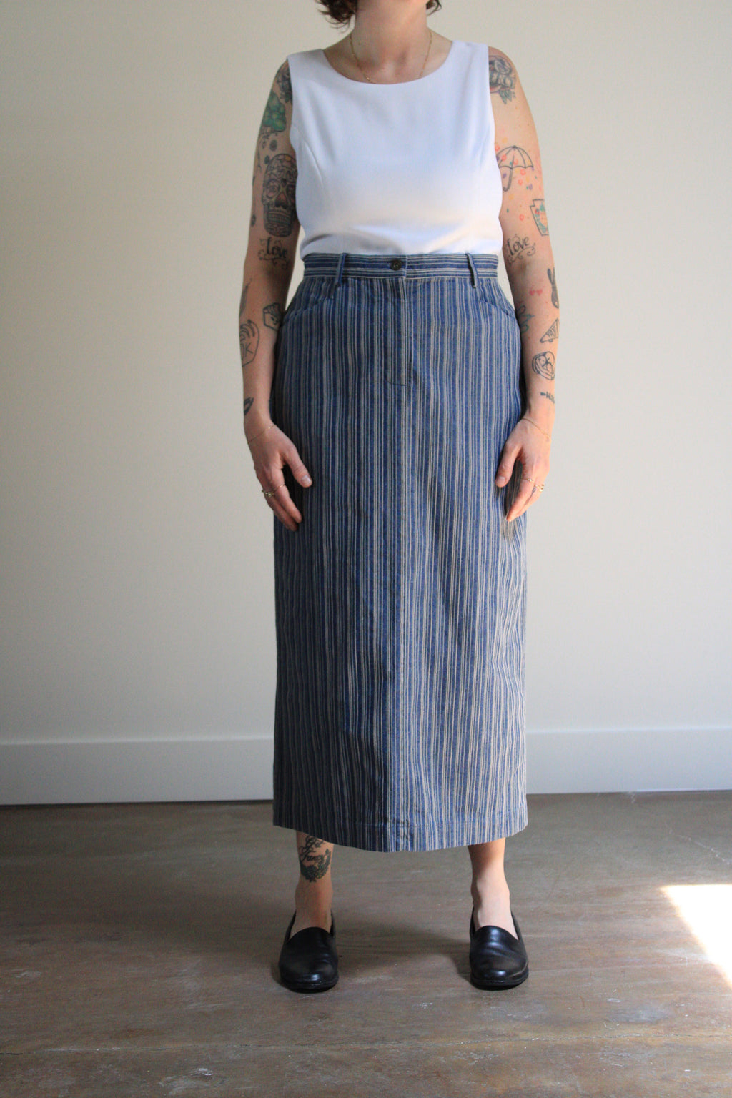 Embroidered Pinstripe Denim Midi Skirt