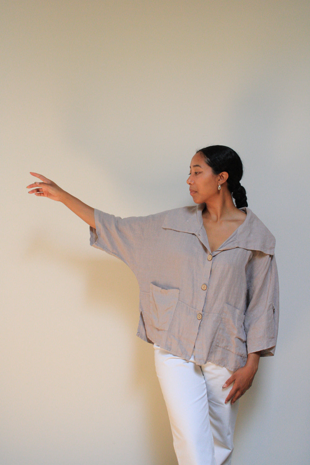 Linen Shawl Collar Chore Top