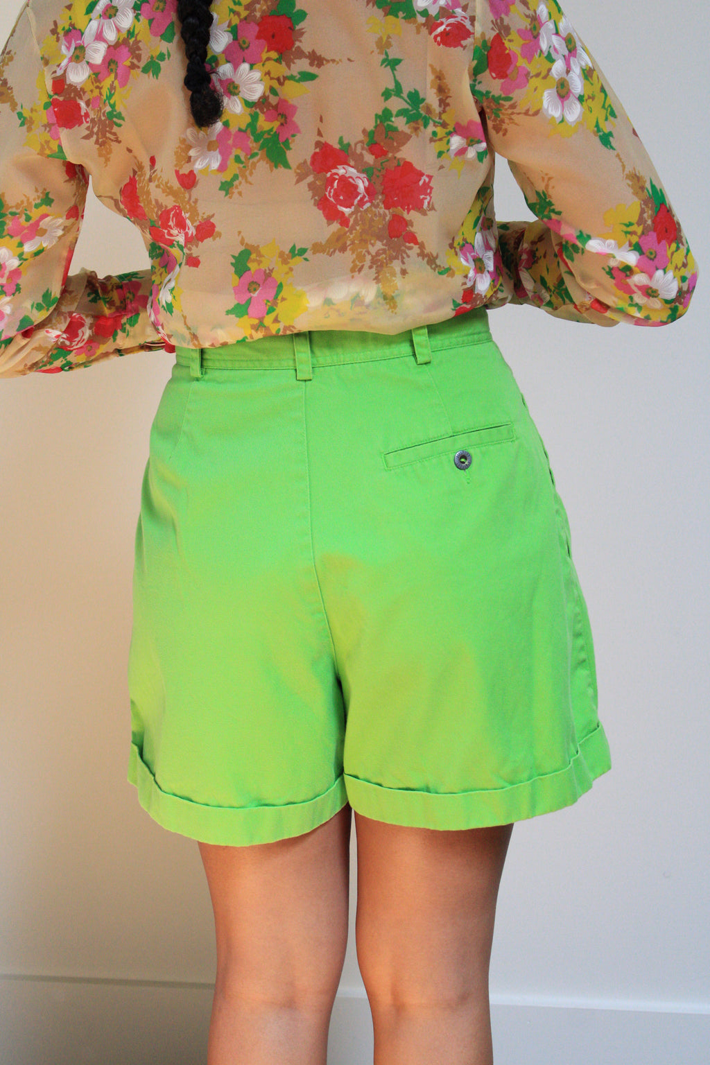 Lime Cotton High Rise Pleated Denim Shorts