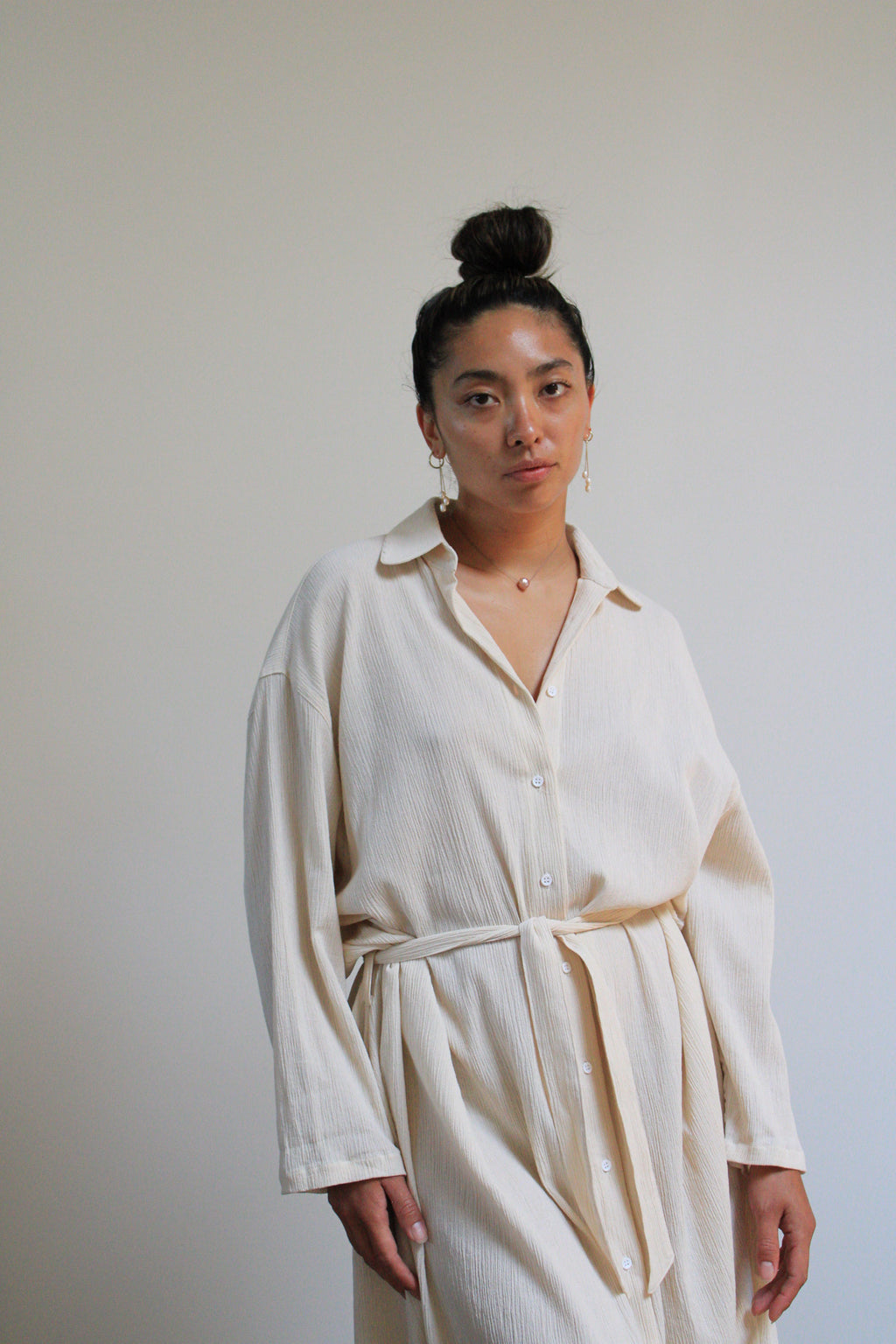 Sunja Link Cotton Crinkle Belted Shirt Dress