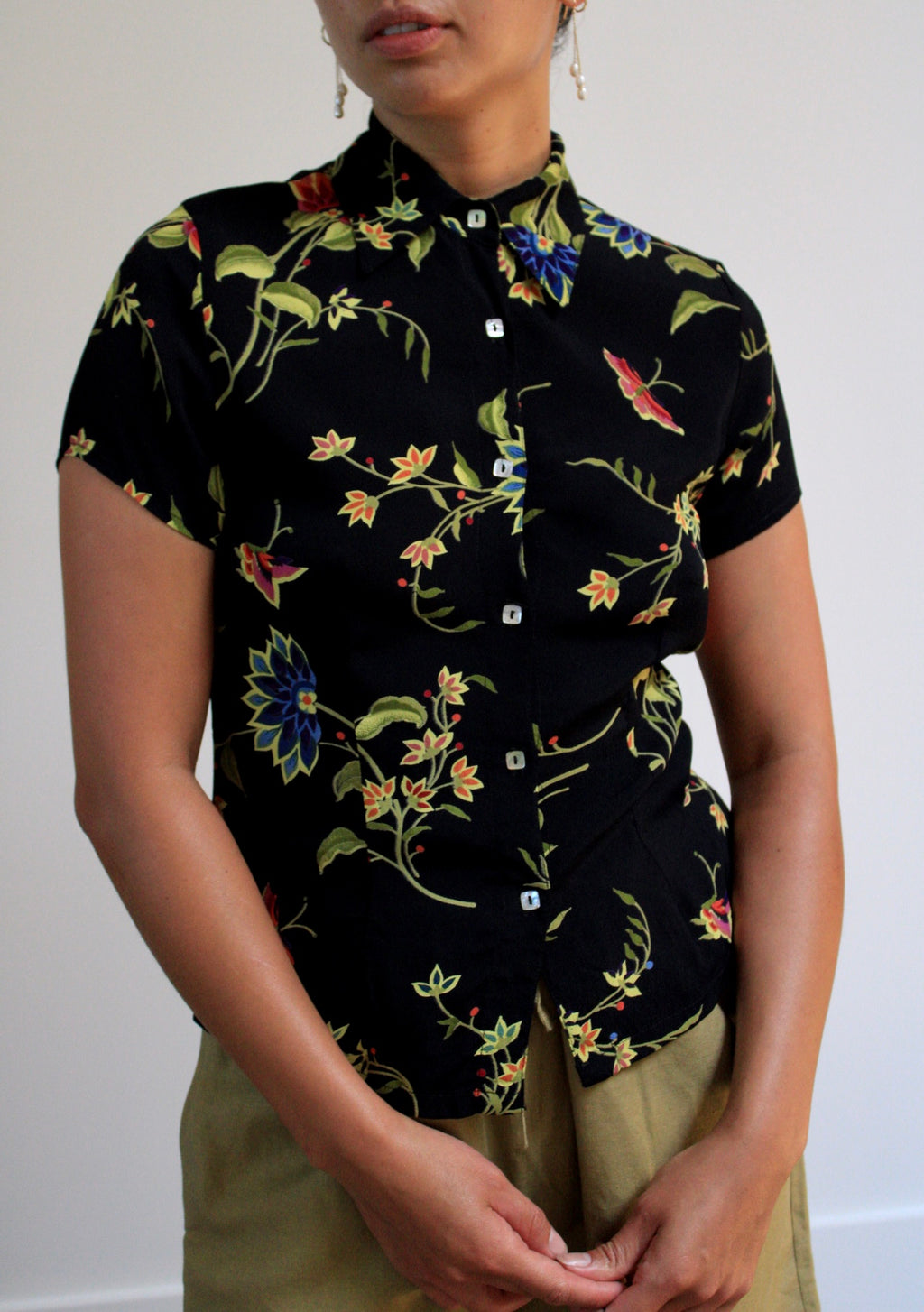 Black Floral Rayon Button Down Top